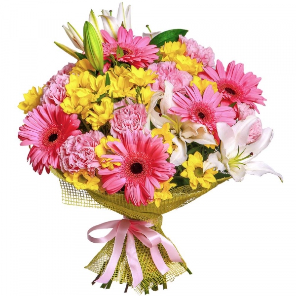 Gerbera pink - 7, Pink carnation - 8, Lilies - 4, Bacardi Yellow Spray Chrysanthemum - 6, Pistachio, Mesh (Abaka), Ribbon