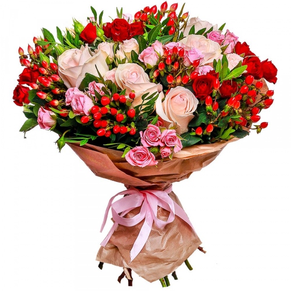 White rose 50 cm - 7, Bright pink spray rose mix, 50 cm - 17, Hypericum, Pistachio, Wrapping Paper