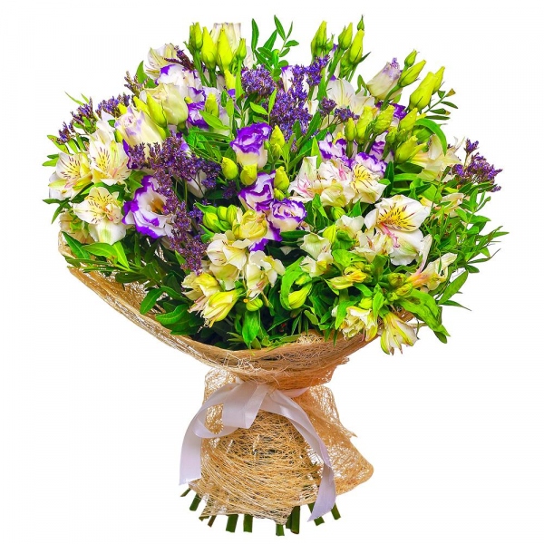 Purple Lisianthus (Eustoma) - 7, Alstromeria white, soft pink - 8, Limonium (1 pc.), Pistachio, Sisal, Ribbon