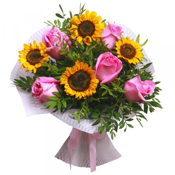 Sunflower - 5, Pink rose 50 cm - 7, Pistachio, Ribbon, Felt