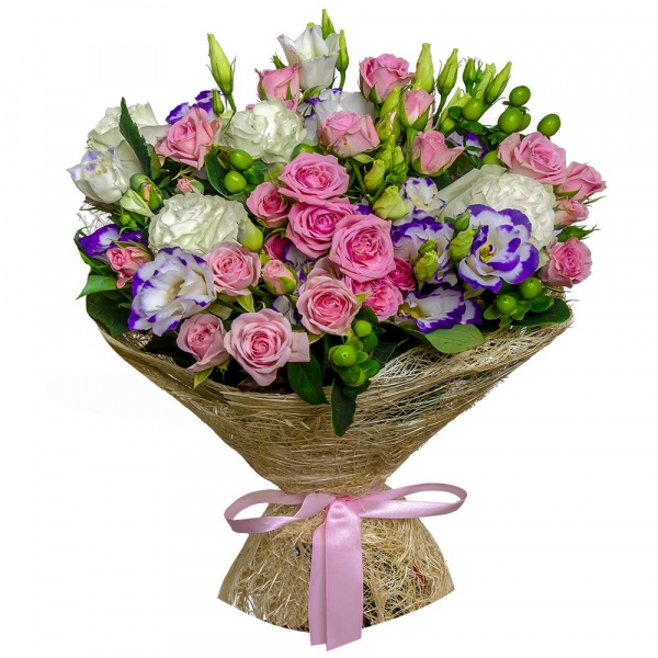 White rose 50 cm - 7, Bright pink spray rose mix, 50 cm - 8, Purple Lisianthus (Eustoma) - 7, Hypericum, Sisal, Ribbon
