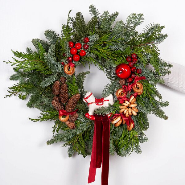 Spruce branches (1pc.), Thuja, Christmas decor (set), Decorative element medium, Ribbon, Bouquet frame structure