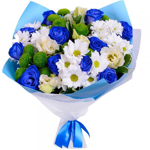 Rose blue - 11, Bacardi White Spray Chrysanthemum - 3, Athos pom Feeling Green - 4, lisianthus - 4, Pittosporum, Felt, Wrapping Paper, Ribbon