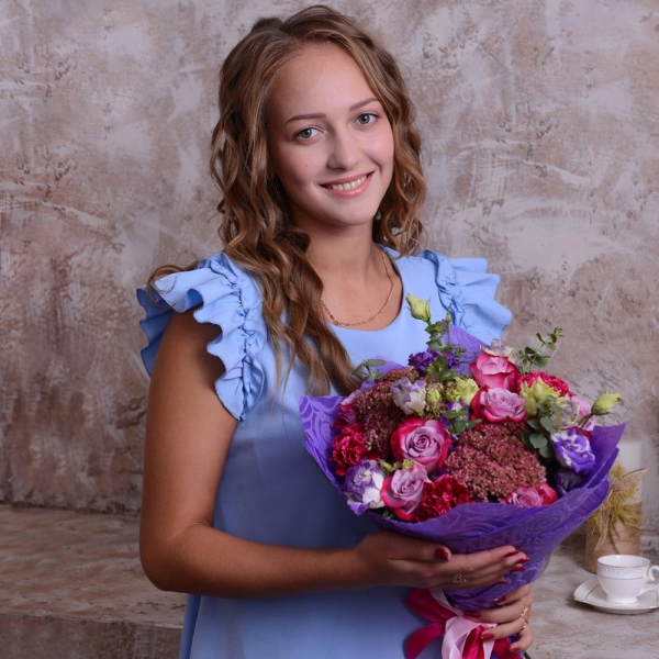 Deep Purple rose - 7, Carnation red - 3, Purple Lisianthus (Eustoma) - 4, Eucalyptus baby blue (1 pc.), Blue Statice, Felt, Ribbon, Sedum