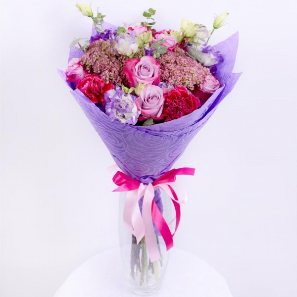Deep Purple rose - 7, Carnation red - 3, Purple Lisianthus (Eustoma) - 4, Eucalyptus baby blue (1 pc.), Blue Statice, Felt, Ribbon, Sedum