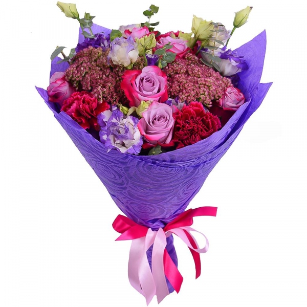 Deep Purple rose - 7, Carnation red - 3, Purple Lisianthus (Eustoma) - 4, Eucalyptus baby blue (1 pc.), Blue Statice, Felt, Ribbon, Sedum