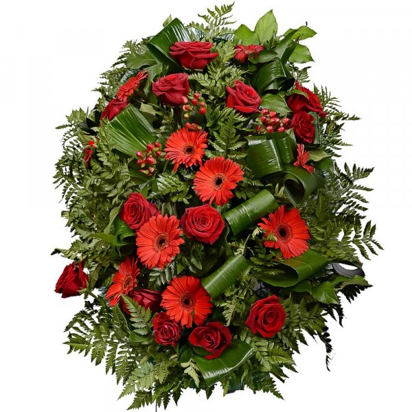 Gerbera red - 10, Red rose 50 cm - 12, Funeral wreath frame, Salal, Fern (1 pc.), Hypericum, Aspidistra (1 pc.)