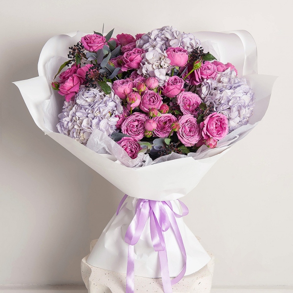 Blue/purple hydrangea - 3, Spray peony rose Misty Bubbles, 50 cm - 17, Viburnum, Eucalyptus Cinerea, Wrapping Paper
