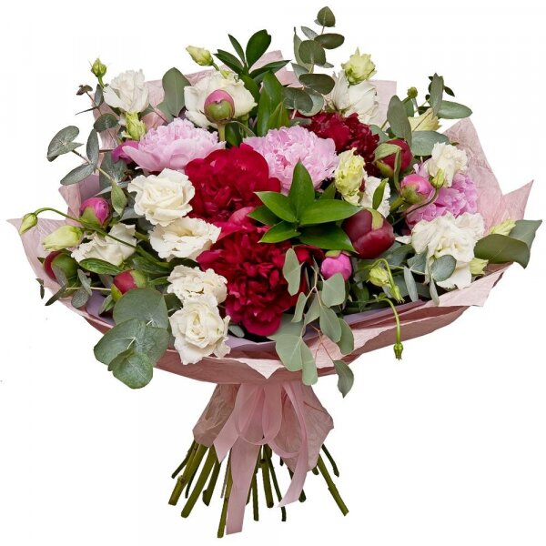 Peony pink - 17, lisianthus - 6, Ruscus, Eucalyptus Cinerea, Wrapping Paper
