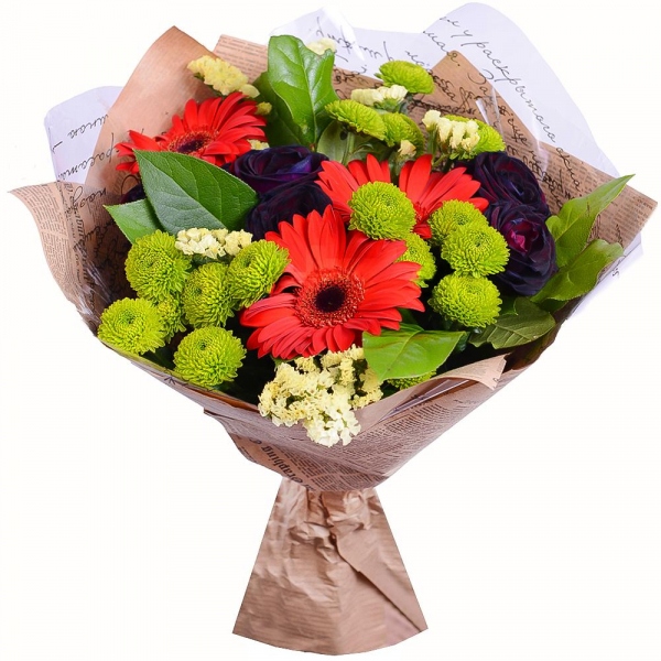 Rose black - 7, Gerbera red - 4, Athos pom Feeling Green - 3, Yellow Statice, Salal, Wrapping Paper, Ribbon