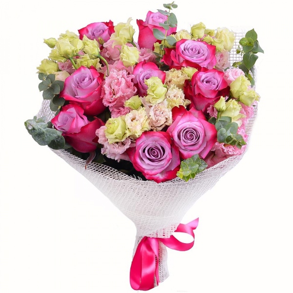 Deep Purple rose - 12, Pink Lisianthus (Eustoma) - 7, Eucalyptus baby blue (1 pc.), Jute 1 meter, Ribbon