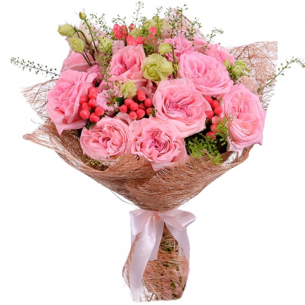David Austin peonyroses - 13, Pink Lisianthus (Eustoma) - 6, Green bell (1 pc.), Hypericum, Mesh (Abaka), Ribbon