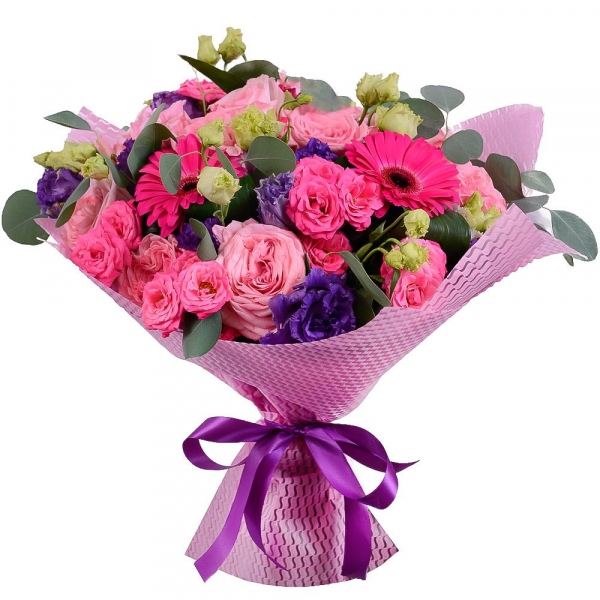 David Austin peonyroses - 11, Purple Lisianthus (Eustoma) - 6, Bright pink spray rose mix, 50 cm - 9, Gerbera pink - 5, Aspidistra (1 pc.), Eucalyptus populus (1 pc.), Felt, Ribbon