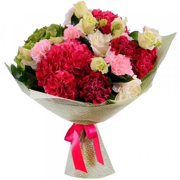 Pink Hydrangea - 2, Carnation red - 6, lisianthus - 4, Pink carnation - 4, Carnation white, cream - 4, Green Hydrangea - 2, Ruscus, Felt, Ribbon