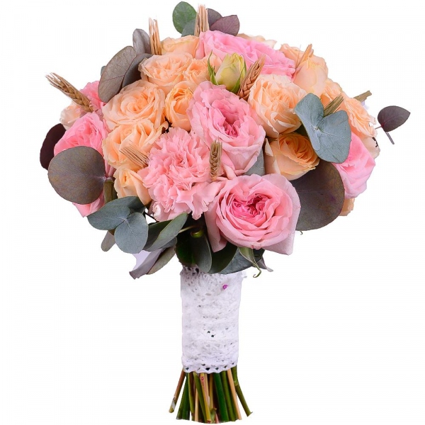 David Austin peonyroses - 9, Spray rose: white, cream, light pink 50 cm - 9, Pink carnation - 4, Eucalyptus Cinerea, Ribbon, Dried flowers decor