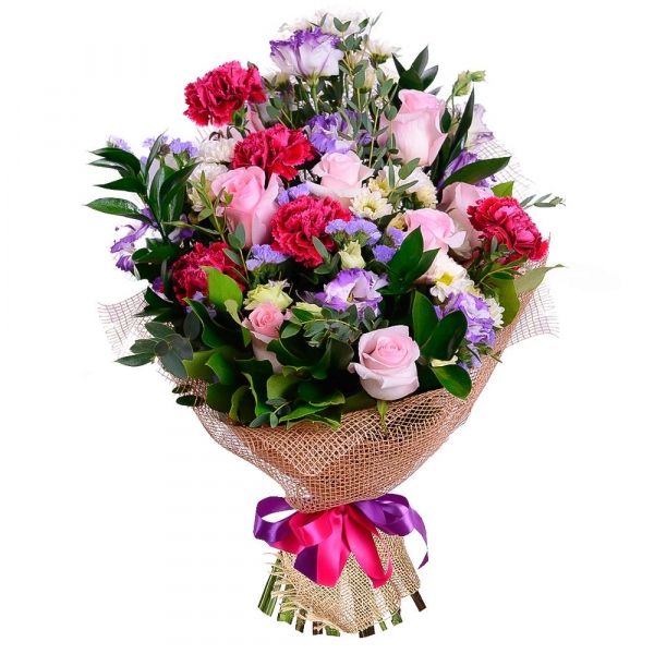 Pink rose 50 cm - 12, Pink carnation - 7, Santini White Spray Chrysanthemum - 6, Purple Lisianthus (Eustoma) - 6, Blue Statice, Ruscus, Eucalyptus parvifolia (1 pc.), Salal, Jute 1 meter, Ribbon