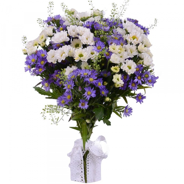 Santini White Spray Chrysanthemum - 7, Lilac aster - 5, Green bell (1 pc.), Ribbon