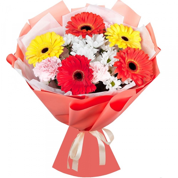 Gerbera daisies - 2, Bacardi White Spray Chrysanthemum - 3, Pink carnation - 4, Gerbera yellow - 3, Gerbera red - 2, Wrapping Paper, Ribbon