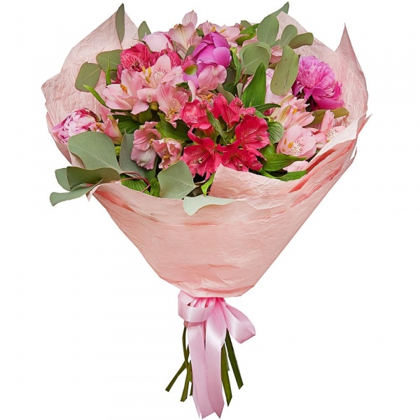 Peony pink - 6, Alstromeria white, soft pink - 6, Eucalyptus populus (1 pc.), Wrapping Paper