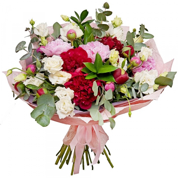 Peony pink - 21, lisianthus - 9, Ruscus, Eucalyptus Cinerea, Wrapping Paper
