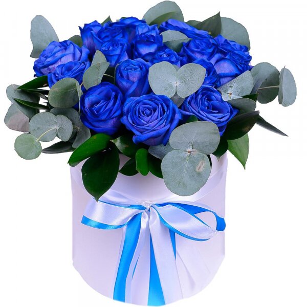 Rose blue - 23, Round flower box small , Oasis, Film, Ruscus, Eucalyptus, Ribbon