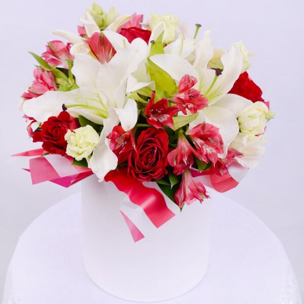 Lilies - 3, Rose 40 cm - 6, Alstromeria Red, Bright Pink - 4, lisianthus - 4, Eucalyptus Cinerea, Round flower box small , Oasis, Film, Ruscus