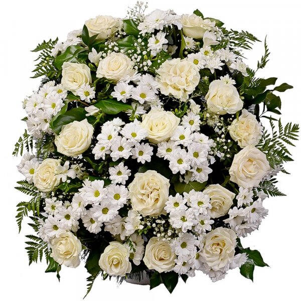 White rose 50 cm - 21, Santini White Spray Chrysanthemum - 20, Gypsophila - 2, Funeral wreath frame, Ruscus, Salal, Fern (1 pc.)