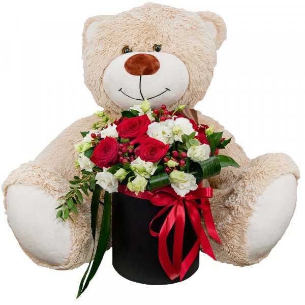 Red rose 50 cm - 9, lisianthus - 5, Round flower box medium, Oasis, Film, Ruscus, Aspidistra (1 pc.), Hypericum, Eucalyptus parvifolia (1 pc.), Teddy bear 70 cm, Ribbon
