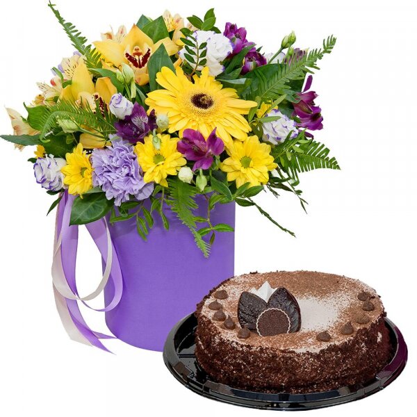 Gerbera yellow - 1, Lilac carnation - 2, Orchid bud yellow/brown Cymbidium - 2, Alstromeria Yellow, Orange - 1, Purple Lisianthus (Eustoma) - 4, Bacardi Yellow Spray Chrysanthemum - 2, Alstromeria lilac, purple - 1, Round flower box small , Film, Oasis, Pistachio, Ruscus, Ambrella, Flask for orchids, Ribbon, Cake in assortment
