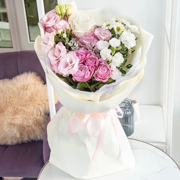 Spray peony rose Misty Bubbles, 50 cm - 1, Santini White Spray Chrysanthemum - 1, Pink Lisianthus (Eustoma) - 2, White spray carnation - 5, White rose 50 cm Ecuador - 1, Limonium (1 pc.), Hypericum, Wrapping Paper