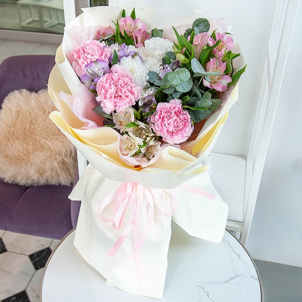 Pink carnation - 5, Baltica White Spray Chrysanthemum - 1, Alstromeria white, soft pink - 4, Alstromeria lilac, purple - 3, Eucalyptus parvifolia (1 pc.), Wrapping Paper