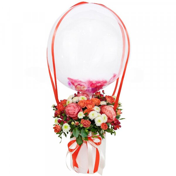 Spray rose: yellow, orange 50 cm - 5, Baltica White Spray Chrysanthemum - 3, Peony rose Kahala 50 cm - 3, Round flower box small , Oasis, Film, Pistachio, Ruscus, Hypericum, Ribbon, Transparent balloon Bubble with filling