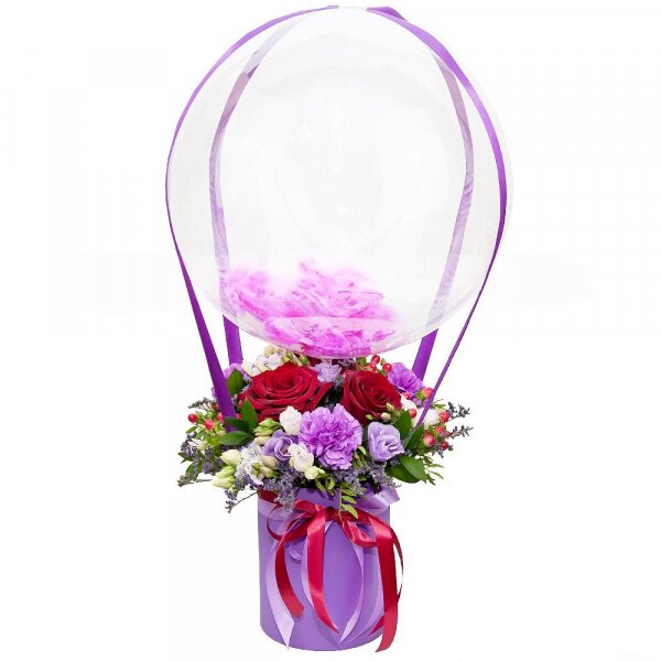 Red rose 50 cm - 3, Lilac carnation - 3, lisianthus - 1, Purple Lisianthus (Eustoma) - 2, Round flower box small , Oasis, Film, Pistachio, Ruscus, Hypericum, Limonium (1 pc.), Ribbon, Transparent balloon Bubble with filling