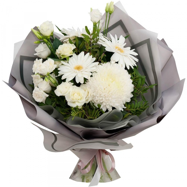 Magnum White Chrysanthemum - 1, Gerbera white - 3, lisianthus - 2, Spray rose: white, cream, light pink 50 cm - 3, Pistachio, Aspidistra (1 pc.), Wrapping Paper