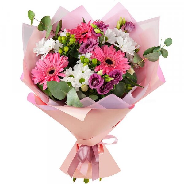 Gerbera pink - 3, Bacardi White Spray Chrysanthemum - 3, Purple Lisianthus (Eustoma) - 2, Hypericum, Eucalyptus Cinerea, Wrapping Paper
