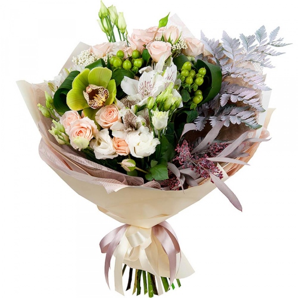 Spray rose: white, cream, light pink 50 cm - 4, lisianthus - 3, Green Cymbidium Orchid Bud - 2, Alstromeria white, soft pink - 3, Hypericum, Ozotamnus, Aspidistra (1 pc.), Flask for orchids, Fern (1 pc.), Eucalyptus populus (1 pc.), Wrapping Paper
