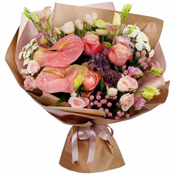 Pink Lisianthus (Eustoma) - 4, Athos poms Stallion - 4, Lilac carnation - 3, Bright pink spray rose mix, 50 cm - 8, Pink cut anthurium - 2, Peony rose Kahala 50 cm - 5, Hypericum, Aspidistra (1 pc.), Wrapping Paper