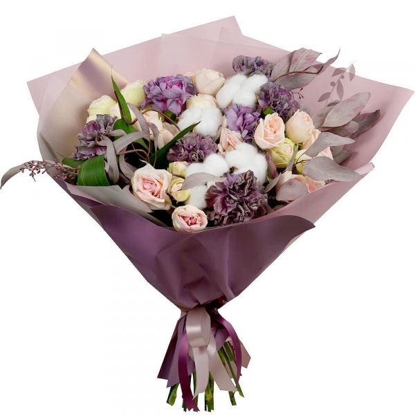 Lilac carnation - 10, Spray rose: white, cream, light pink 50 cm - 7, Cotton bud, Eucalyptus populus (1 pc.), Aspidistra (1 pc.), Wrapping Paper