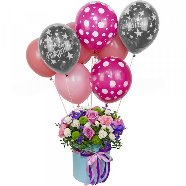 Deep Purple rose - 7, Spray rose: white, cream, light pink 50 cm - 10, Pink carnation - 4, Irises - 4, Athos pom Feeling Green - 3, Round flower box medium, Oasis, Film, Pistachio, Blue Statice, Helium Balloon (1 pc.), Ribbon