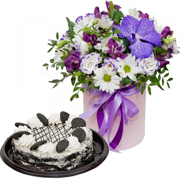 Vanda Orchid bud - 2, Alstromeria lilac, purple - 3, Bacardi White Spray Chrysanthemum - 4, Purple Lisianthus (Eustoma) - 3, Round flower box small , Oasis, Film, Flask for orchids, Aspidistra (1 pc.), Pistachio, Ribbon, Cake in assortment