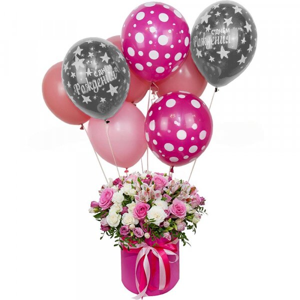 Pink rose 50 cm - 12, Alstromeria white, soft pink - 6, Spray rose: white, cream, light pink 50 cm - 11, Pink Lisianthus (Eustoma) - 6, Round flower box medium, Oasis, Film, Pistachio, Helium Balloon (1 pc.), Ribbon