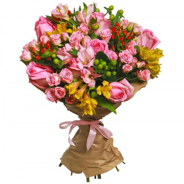 Pink rose 50 cm - 7, Bright pink spray rose mix, 50 cm - 7, Alstromeria white, soft pink - 3, Alstromeria Yellow, Orange - 3, Hypericum, Wrapping Paper