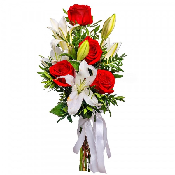 Red rose 50 cm - 4, Lilies - 2, Pistachio, Ribbon