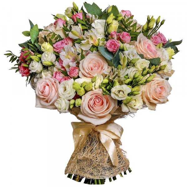 Rose Cream 50 cm - 7, Bright pink spray rose mix, 50 cm - 7, lisianthus - 7, Alstromeria white, soft pink - 5, Pistachio, Eucalyptus Cinerea, Sisal, Ribbon