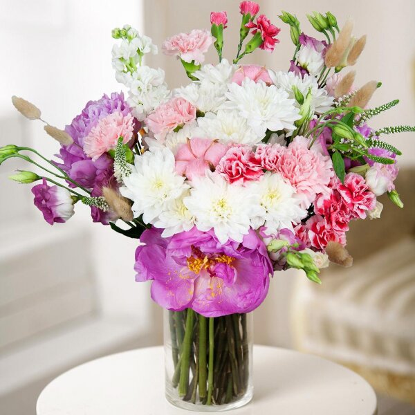 White Matthiola - 1, Baltica White Spray Chrysanthemum - 2, Pink Lisianthus (Eustoma) - 3, Peony pink - 3, Pink spray carnation - 3, Pink carnation - 4, Veronica spray, Cotton bud, Dried flowers decor, Wrapping Paper