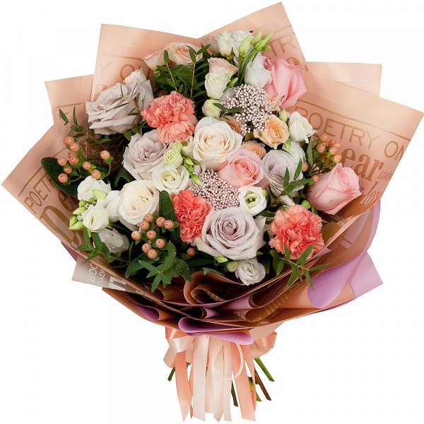 Pink rose 50 cm - 3, Pink carnation - 3, lisianthus - 3, Spray rose: white, cream, light pink 50 cm - 2, White rose 50 cm - 2, Rose Powder 50 cm Ecuador (Quicksand, Menta) - 4, Ozotamnus, Eucalyptus parvifolia (1 pc.), Hypericum, Wrapping Paper