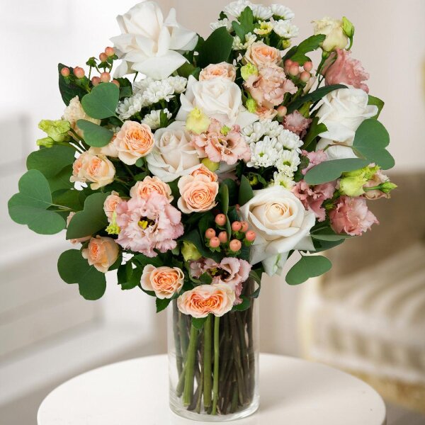 White rose 50 cm - 5, Spray rose: white, cream, light pink 50 cm - 3, Santini White Spray Chrysanthemum - 3, Pink Lisianthus (Eustoma) - 3, Hypericum, Wrapping Paper, Eucalyptus populus (1 pc.)