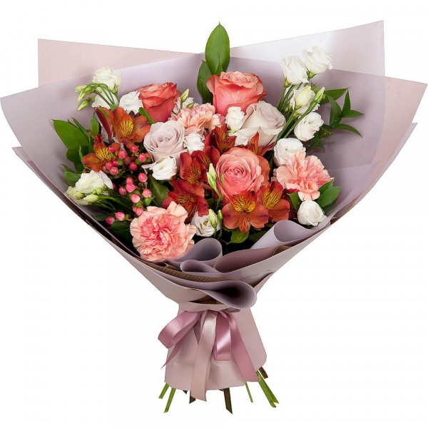 Peony rose Kahala 50 cm - 3, Pink rose 50 cm - 2, Pink carnation - 3, Alstromeria Red, Bright Pink - 2, lisianthus - 2, Ruscus, Hypericum, Wrapping Paper