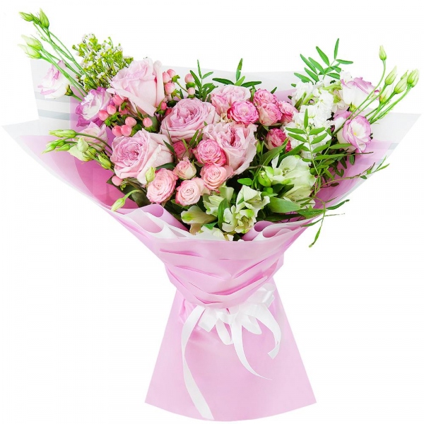 Peony rose pink 'OHara' - 5, Pink Lisianthus (Eustoma) - 2, Spray rose: white, cream, light pink 50 cm - 2, Alstromeria white, soft pink - 2, White Matthiola - 2, Hypericum, Waxflower (1 pc.), Wrapping Paper, Pistachio
