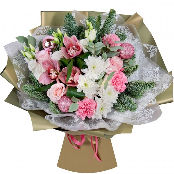 Pink Cymbidium Orchid Bud - 3, lisianthus - 2, Baltica White Spray Chrysanthemum - 2, Pink carnation - 3, Pink rose 50 cm - 3, Flask for orchids, Aspidistra (1 pc.), Eucalyptus Cinerea, Spruce branches (1pc.), Christmas decor (set), Wrapping Paper